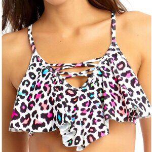 California Waves Animal Print Floral Flounce Bikini Top